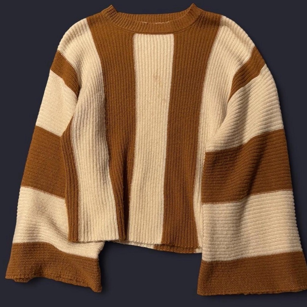 Altar'd State Wide-Striped Crewneck Sweater in Brown and Cream